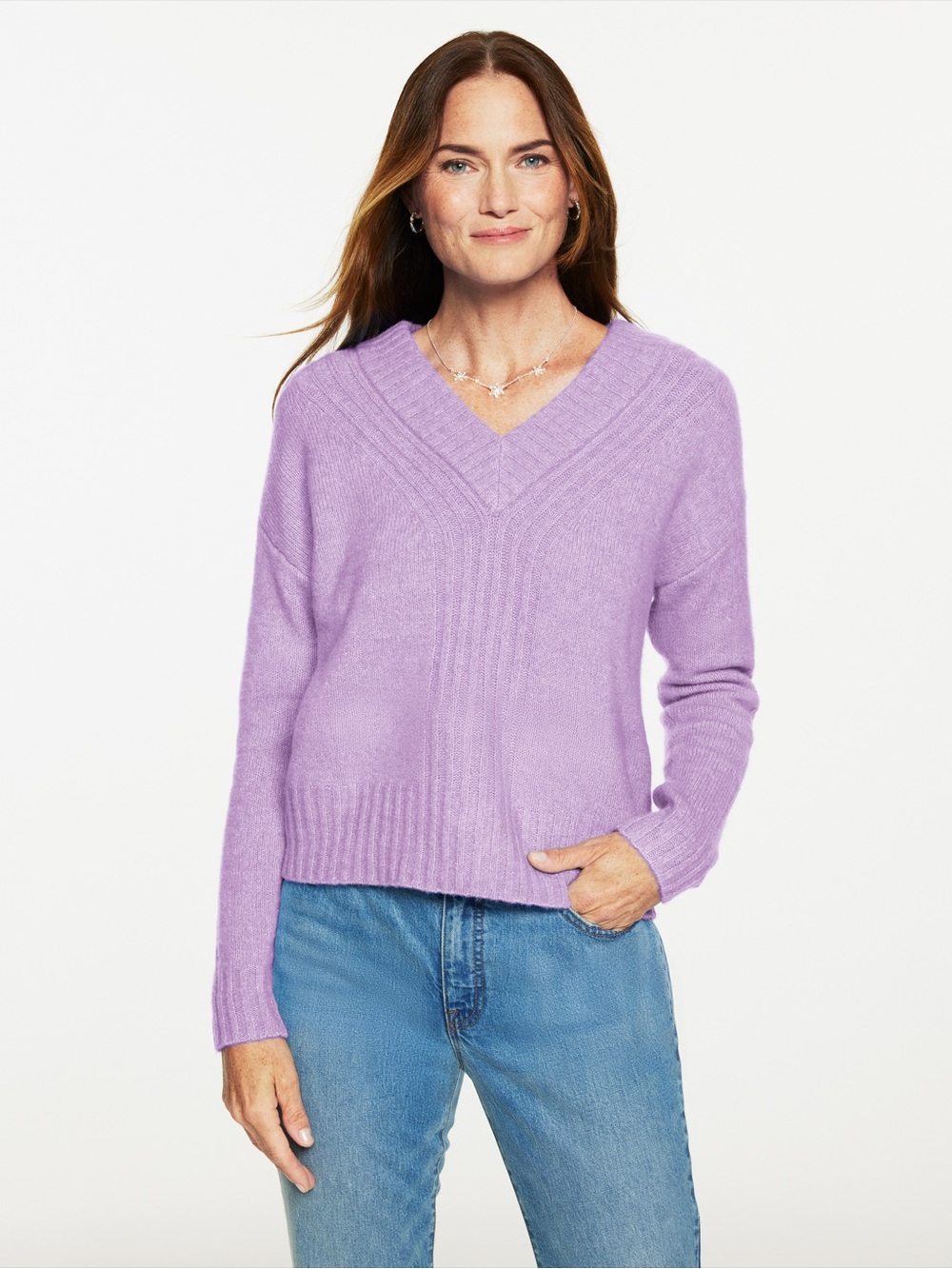 Talbots Purple Lavender Wool Blend V-Neck Ribbed Pullover Sweater Size XL
